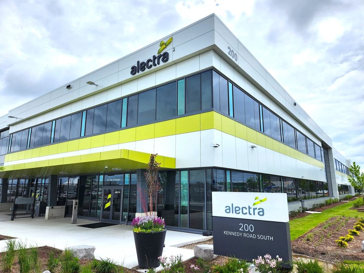 Alectra office building with the logo on the upper wall and a ground sign showing 200 Kennedy Road South
